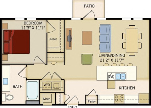1 BD 1 Bath floorplan 836 sqft